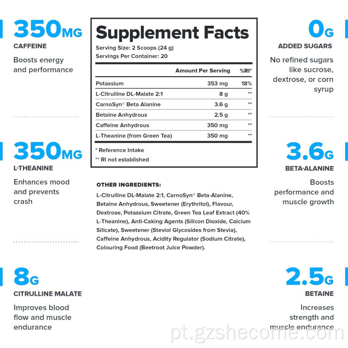 Suporte de suplemento pré-treino Aumenta a energia